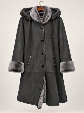 Faux Shearling Coat Dark Green Removable Hood Oversized Winter